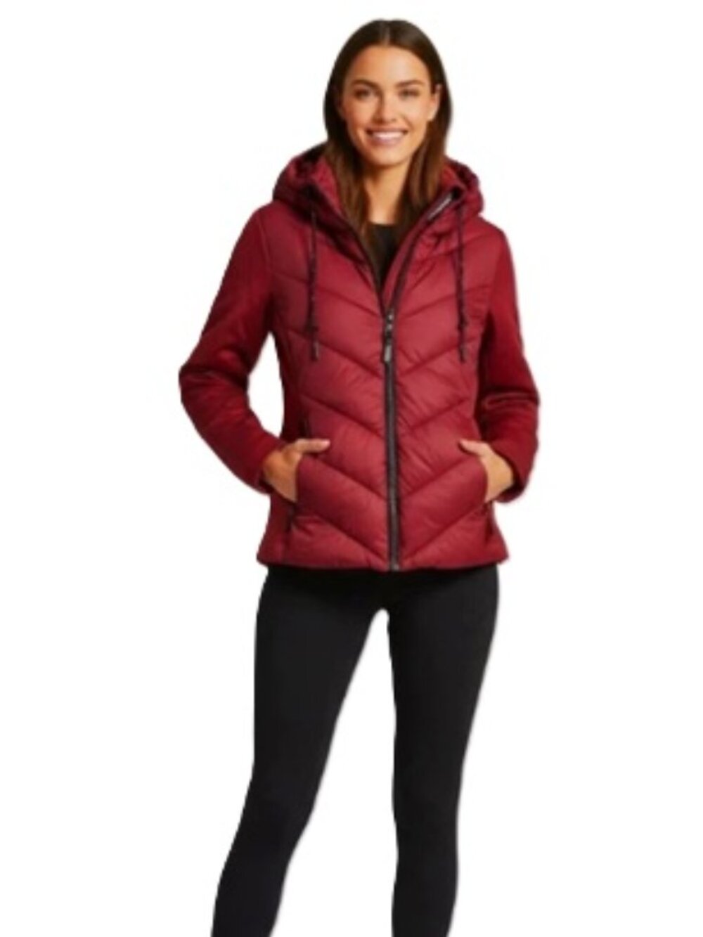 DKNY Womens Hooded Puffer Jacket Red Small NWT Mixed Media Scuba Sleeve Coat